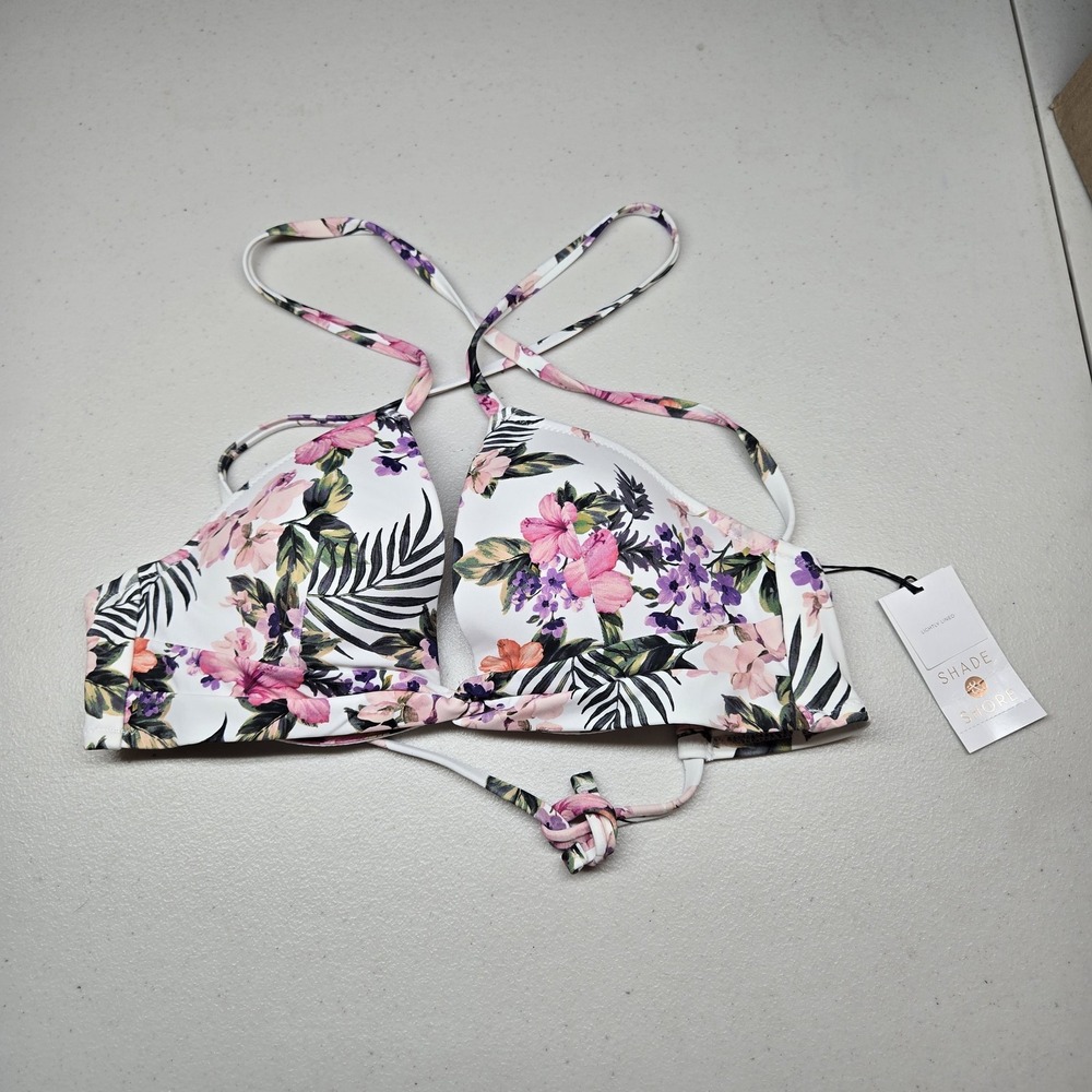 Shade & Shore Women Swimwear 34C White Tropical Floral Bralette Wireless NWT